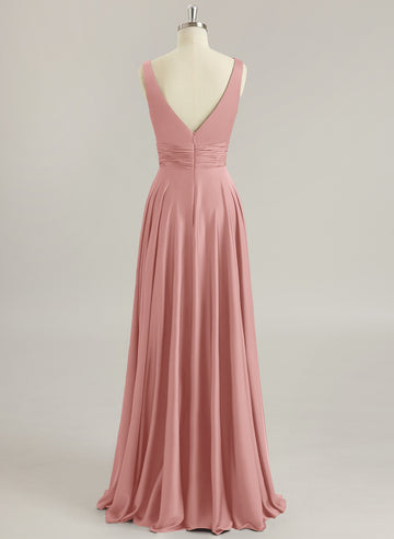A-line V-Neck Floor-Length Silky Satin Prom Dresses With Pleated